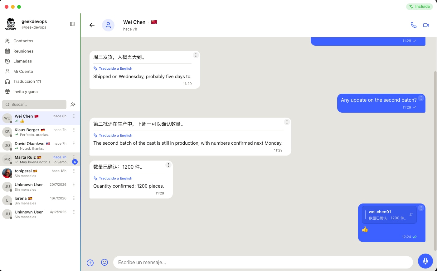 A chat with a supplier: he writes in Chinese and under each message the translation appears, with the original above it