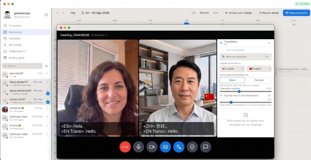 A video call in the Liora Flow app between two people, each with the subtitle in their own language and the translation panel beside it