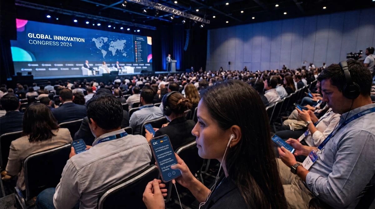 A packed conference, each attendee following the talk in their own language on their own phone
