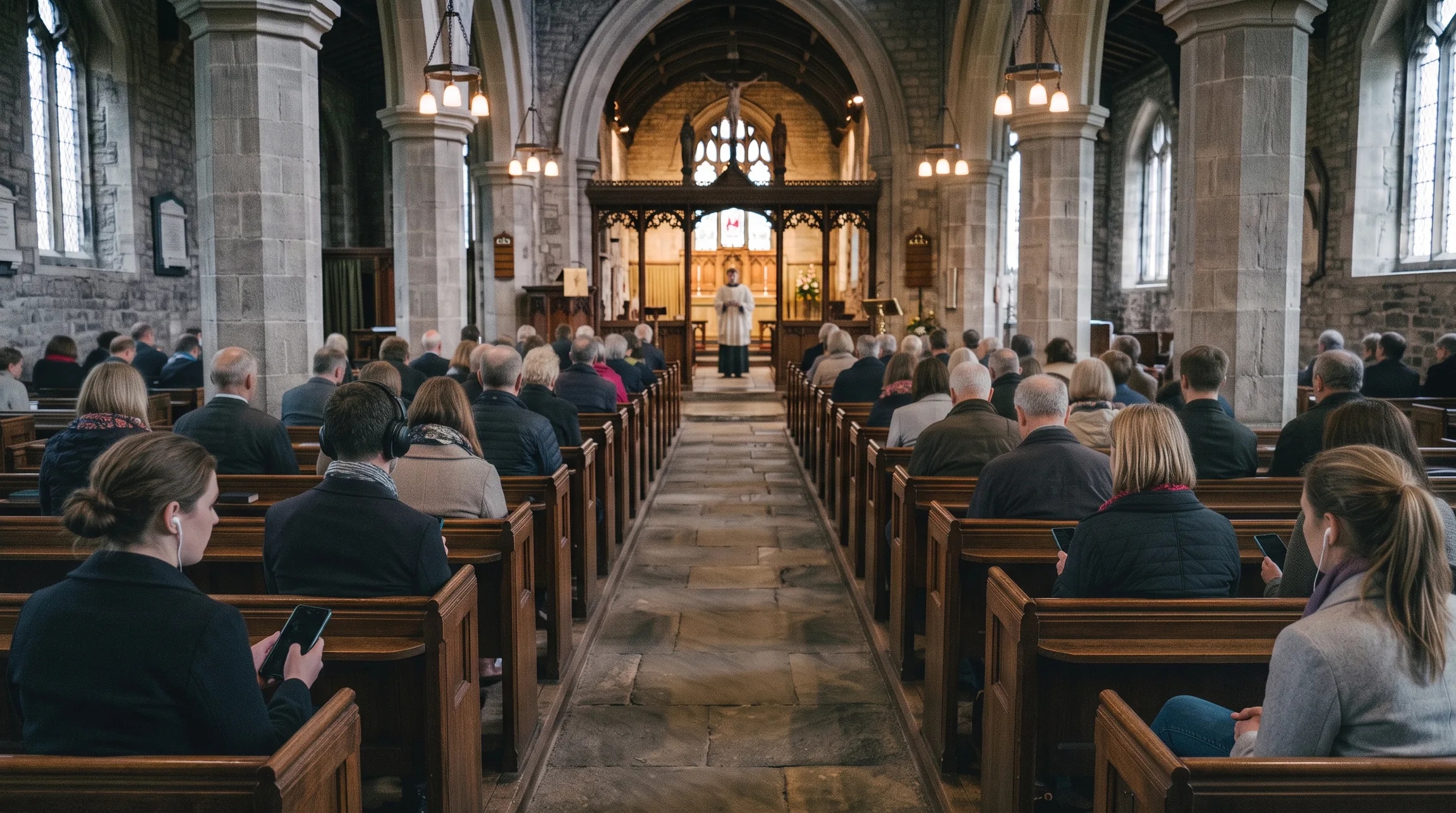 A full nave seen from the back pew. Several people are following the service with earphones in and the phone resting in their lap, facing forward.