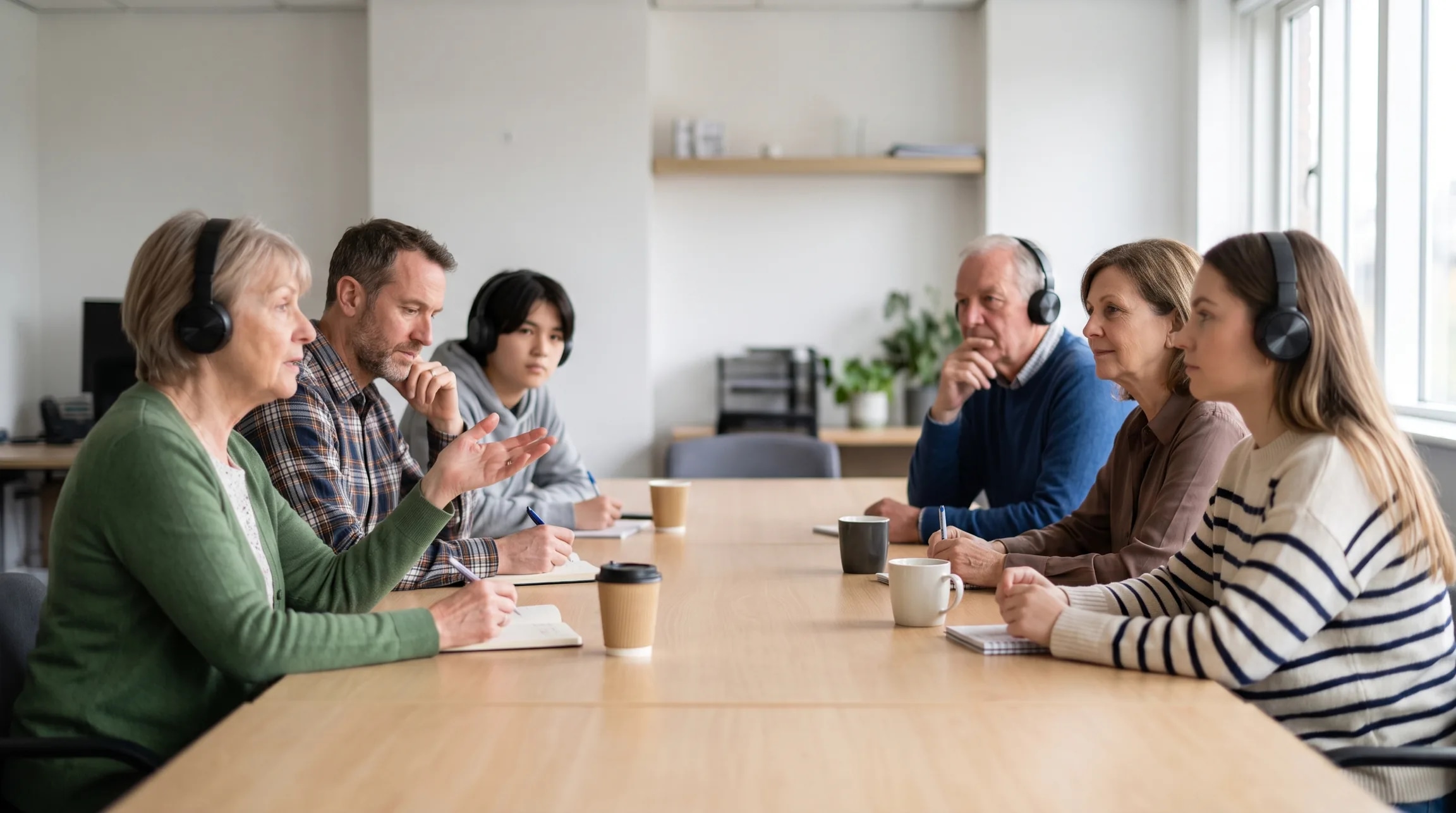 Six people at a meeting table: some wear headphones to hear it in their own language, others do not need them.