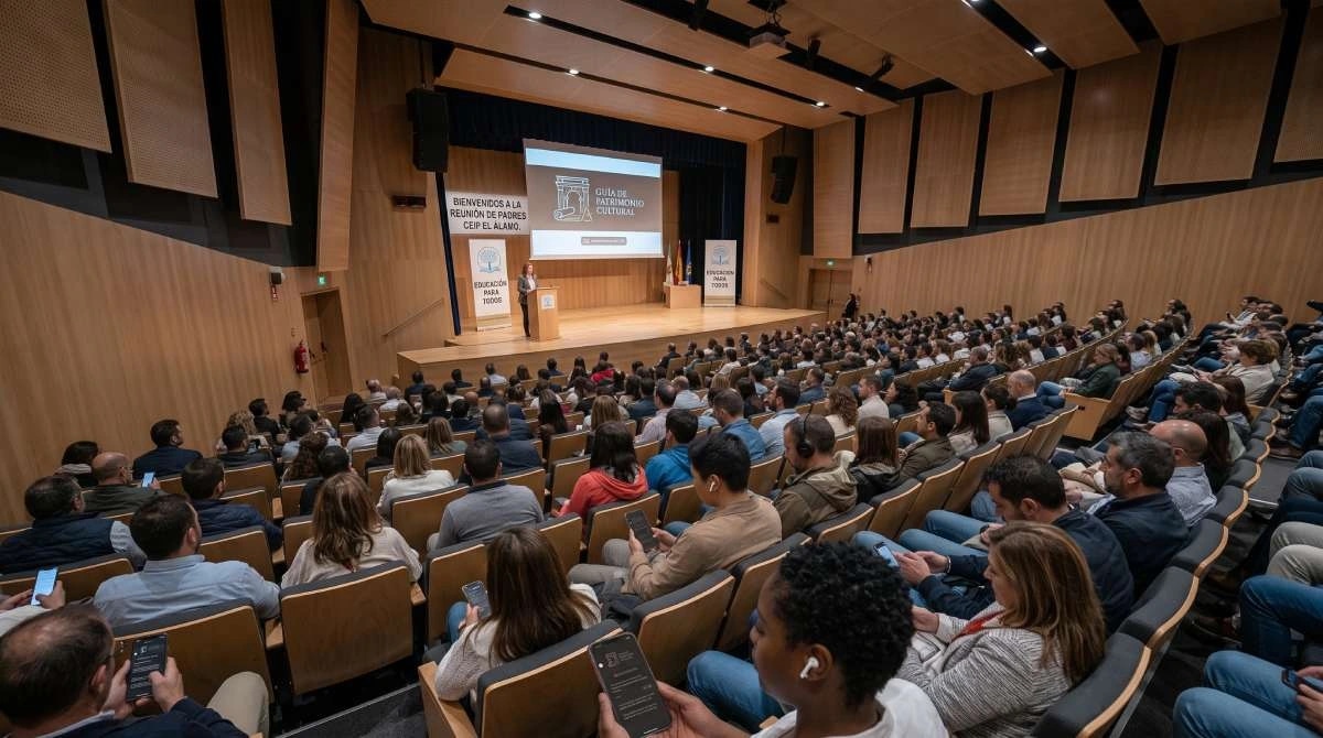 A school assembly hall full for a parents' meeting, each family following it on their phone