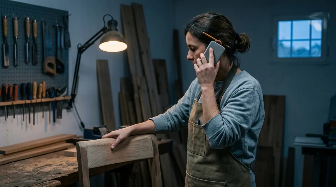 A carpenter in her workshop, on the phone