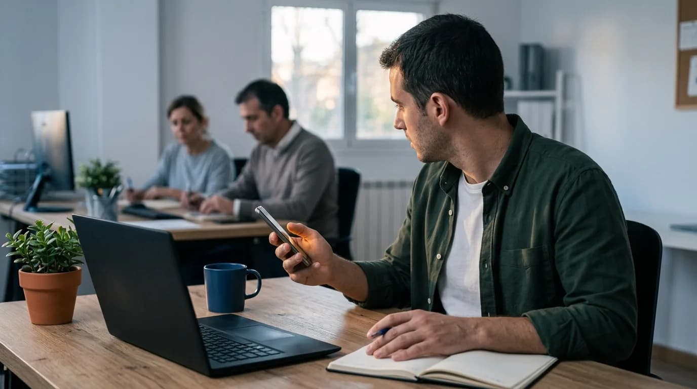 A salesperson at his desk about to pick up a call on his mobile