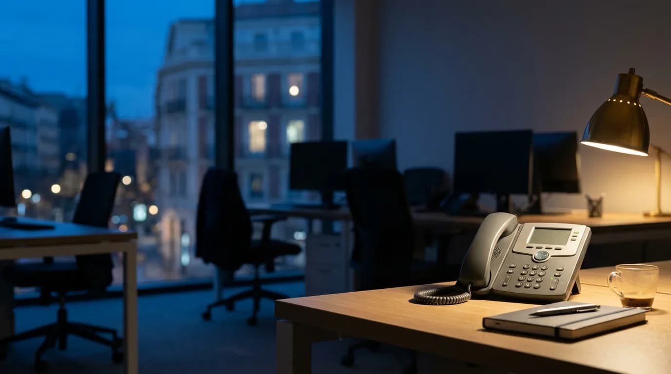An empty sales office at night, with a phone on the desk under a lamp