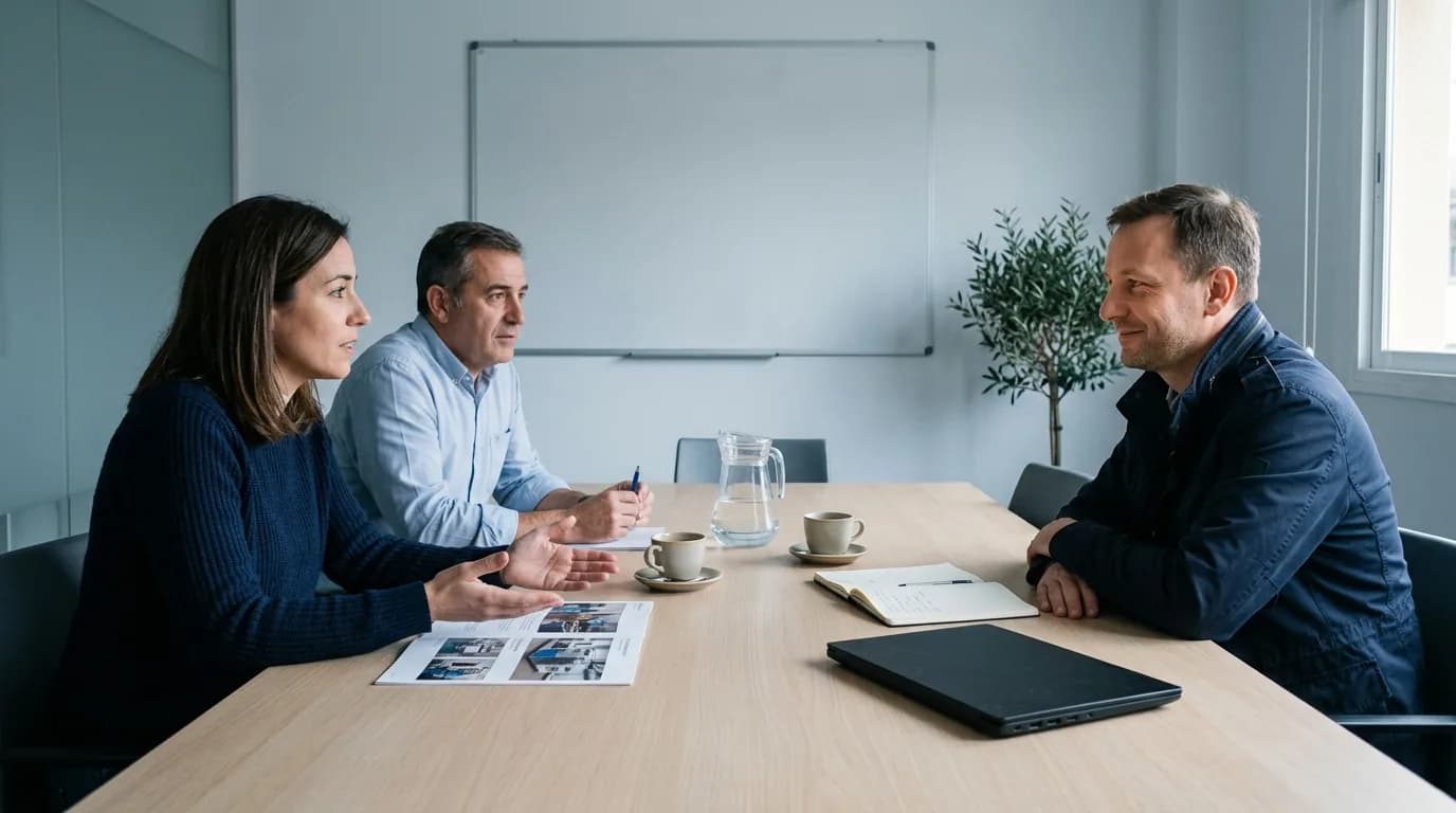 A first meeting: two people from a company with a client in a meeting room