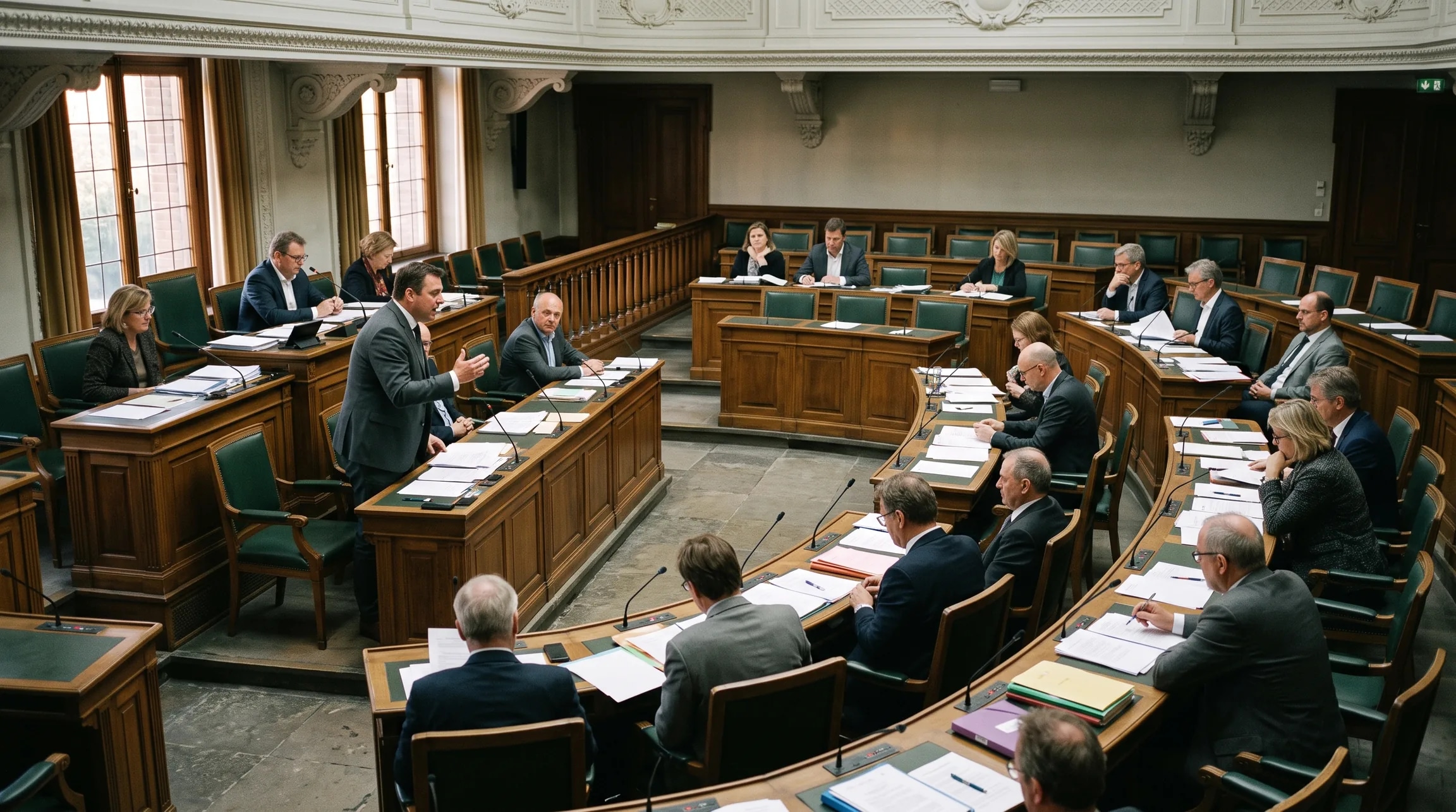 A municipal council in session: the curved wooden benches full, the presiding table occupied, and one councillor standing to speak.
