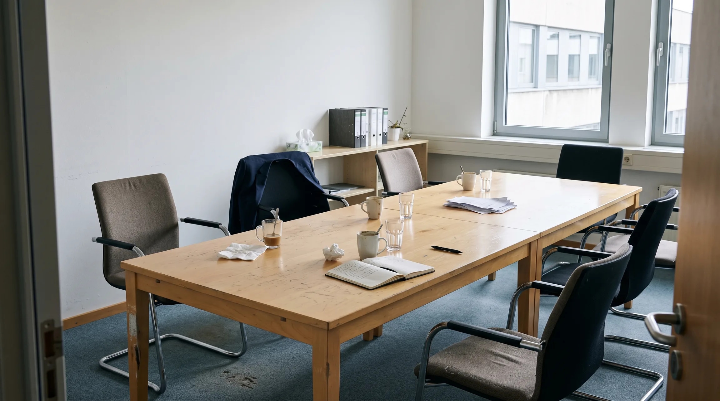 An empty meeting room just afterwards: chairs pushed back, cups on the table and a jacket left on a chair.
